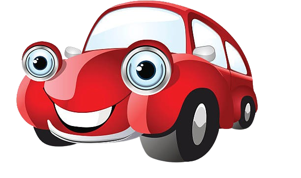 Cartoon red car with big blue eyes and a big smile, a friendly character illustration for kids.