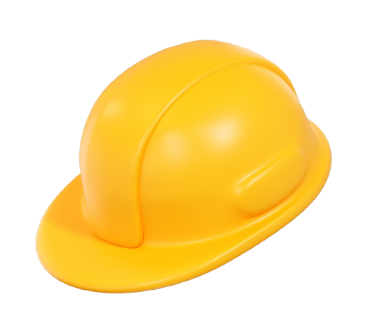 Yellow construction safety helmet (hard hat) tilted to the side, isolation on white background.